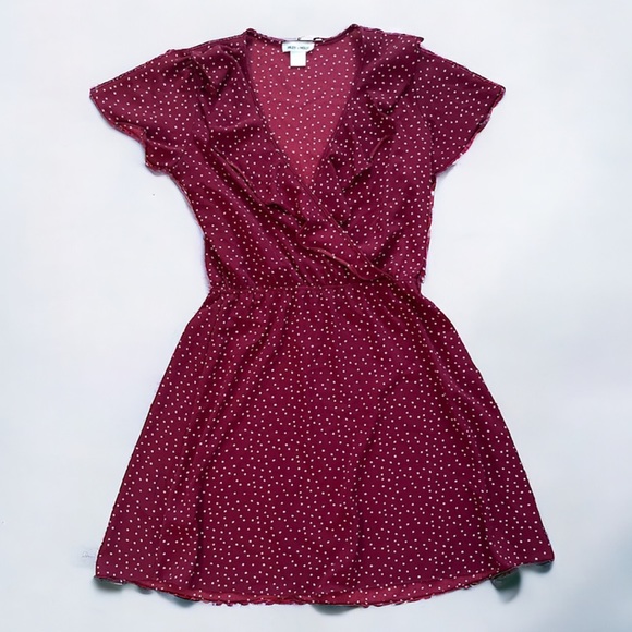 Miley + Molly Polka Dot Ruffle Wine Burgundy Red White Short Sleeve Midi Dress M - Picture 1 of 3
